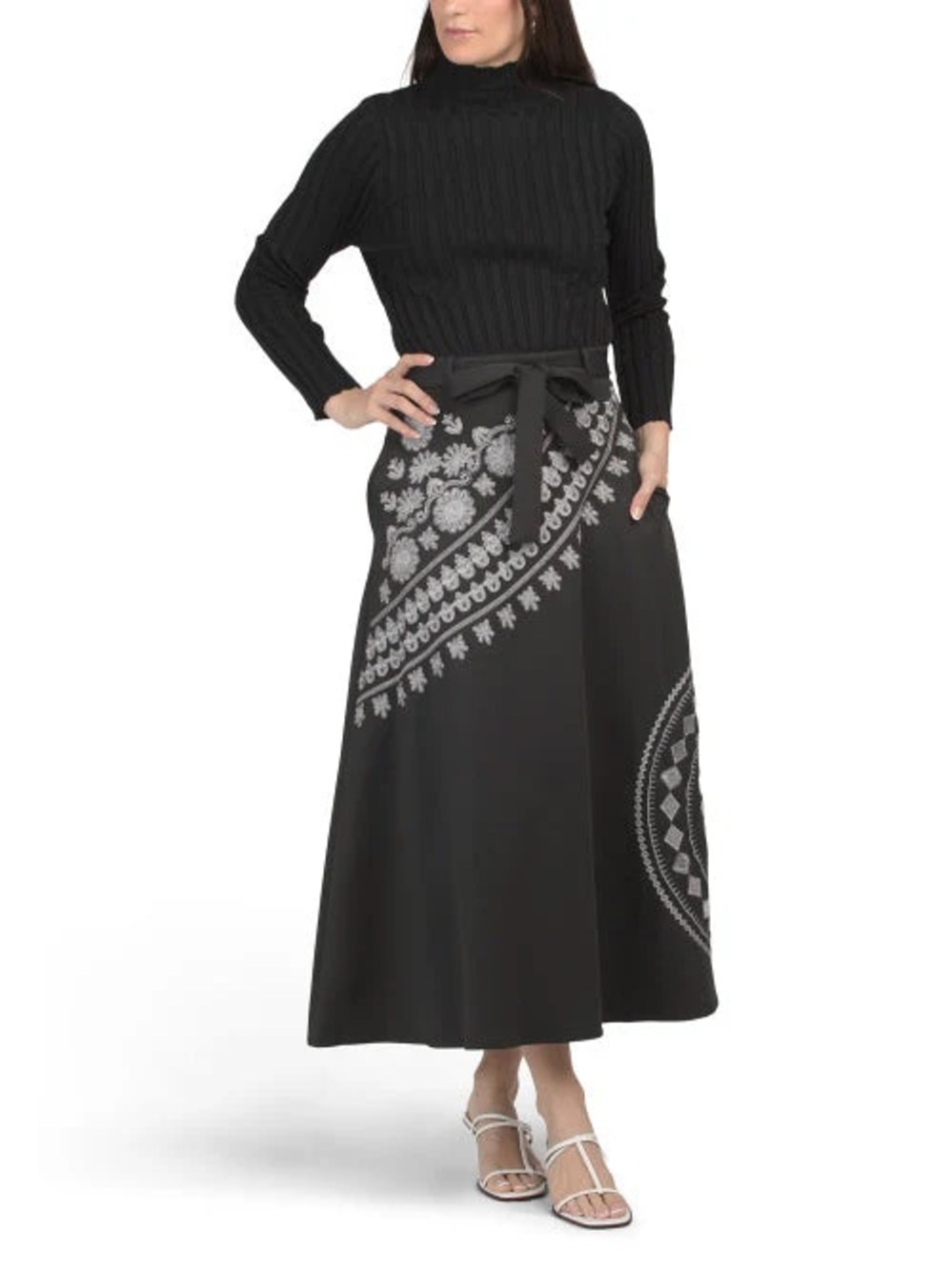 Dalia Black Dress  Skirt with White Embroidered Motif
